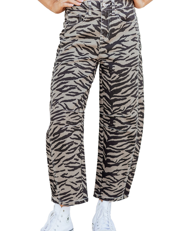 Gray Zebra Stripe Printed Wide Leg Jeans
