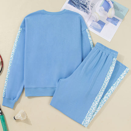 Beau Blue Floral Patchwork Drop Shoulder Pullover and Sweatpants Lounge Set
