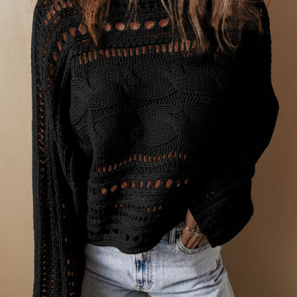 Smoke Gray Hollow-out Cable Knit Cropped Sweater