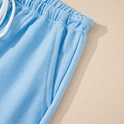 Mint Green V Neck Drop Shoulder Tee and Patchwork Drawstring Shorts Set