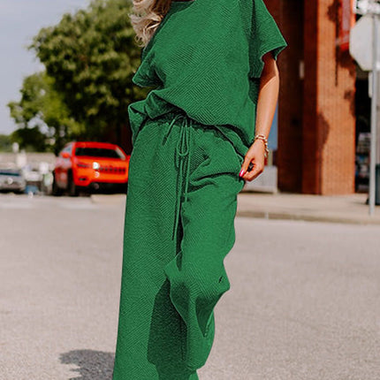 Black Textured Loose Fit T Shirt and Drawstring Pants Set