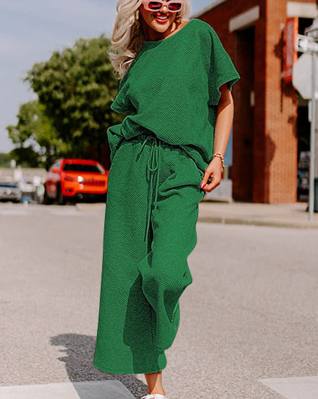 Black Textured Loose Fit T Shirt and Drawstring Pants Set