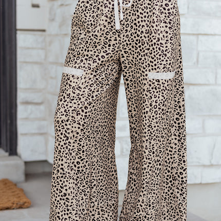 Khaki Animal Print Wide Leg Terry Knit Pants