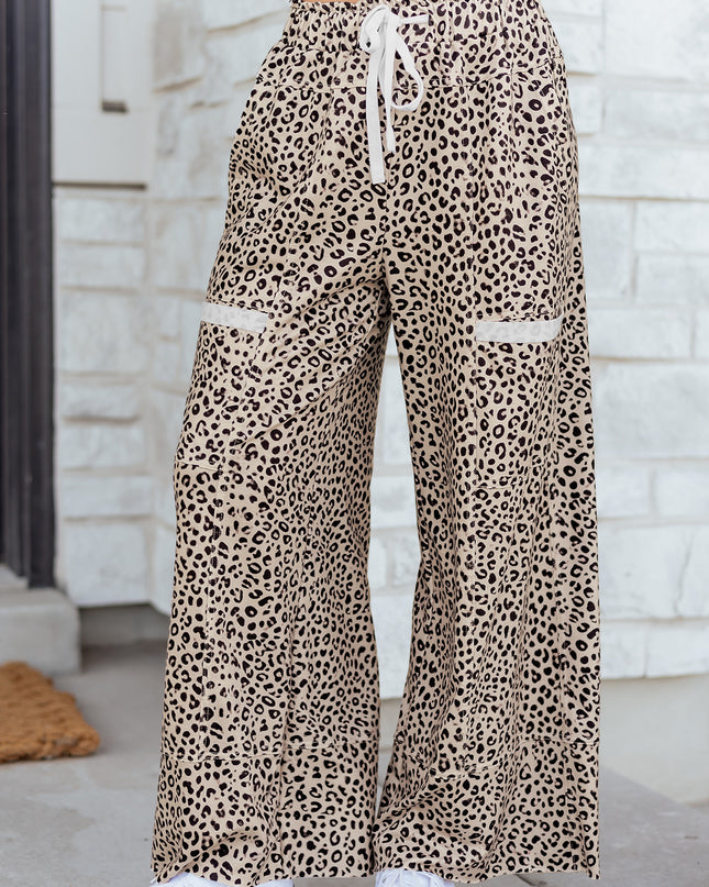 Khaki Animal Print Wide Leg Terry Knit Pants