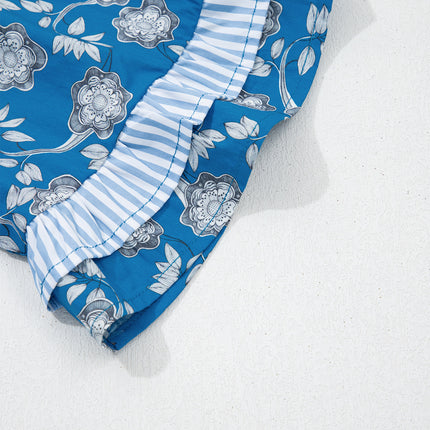 Blue Floral Print Button Tie Neck Striped Detail Short Sleeve Blouse