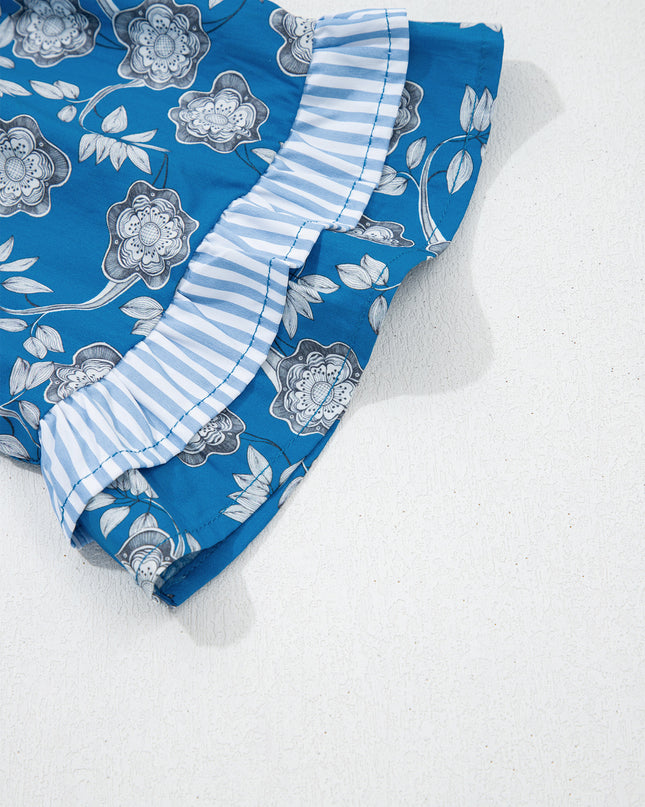 Blue Floral Print Button Tie Neck Striped Detail Short Sleeve Blouse