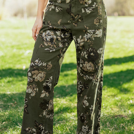 Green Vintage Floral Print Square Patch Pocket Raw Hem Shift Jeans