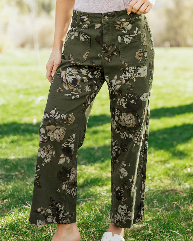Green Vintage Floral Print Square Patch Pocket Raw Hem Shift Jeans
