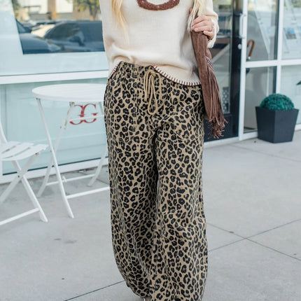 Khaki Leopard Print Drawstring Elastic Waist Loose Denim Pants with Pockets