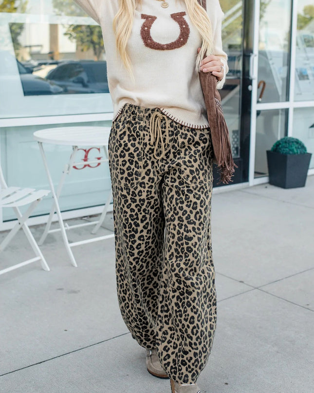 Khaki Leopard Print Drawstring Elastic Waist Loose Denim Pants with Pockets