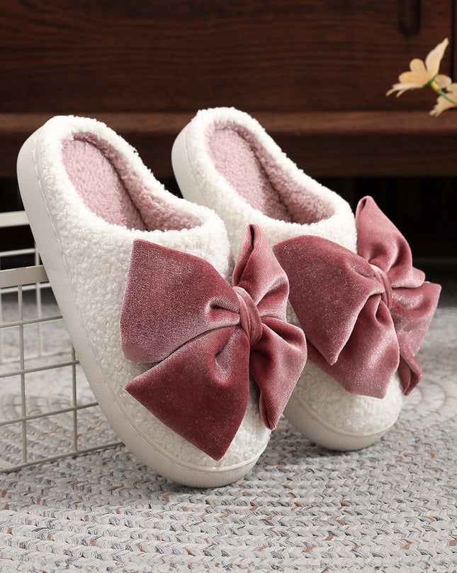 White Glister Ribbon Bow Decor Contrast Liner Plush Slippers