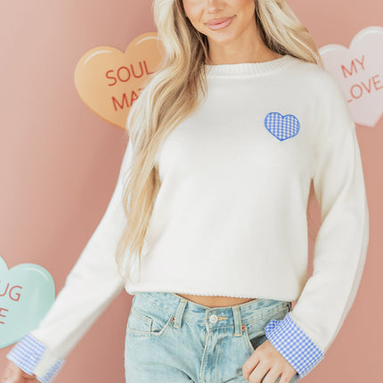 Light Pink Plaid Heart Embroidered Cuffed Drop Shoulder Crew Neck Sweater