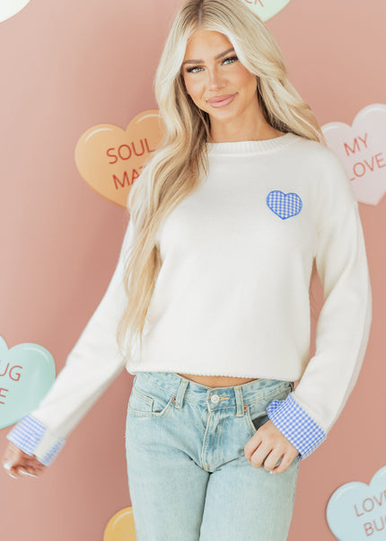 Light Pink Plaid Heart Embroidered Cuffed Drop Shoulder Crew Neck Sweater