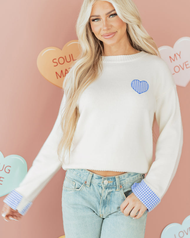 Light Pink Plaid Heart Embroidered Cuffed Drop Shoulder Crew Neck Sweater