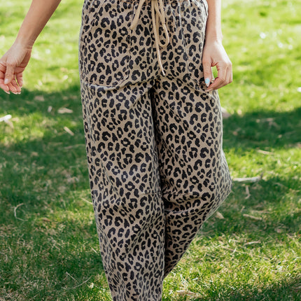 Khaki Leopard Print Drawstring Elastic Waist Loose Denim Pants with Pockets