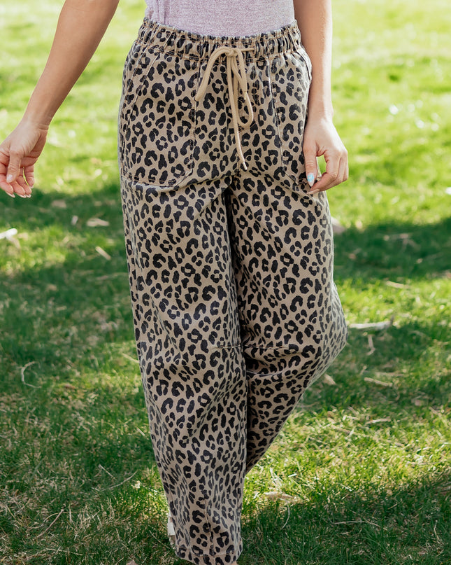 Khaki Leopard Print Drawstring Elastic Waist Loose Denim Pants with Pockets