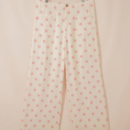 White Polka Dot Print Patched Pocket Loose Pants