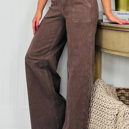 Dark Brown Retro Washed Patch Pocket Loose Jeans