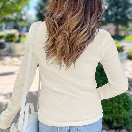 Beige Thermal Knit Lace Ruched Patchwork Long Sleeve V Neck Top