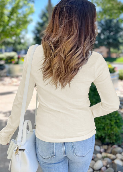 Beige Thermal Knit Lace Ruched Patchwork Long Sleeve V Neck Top