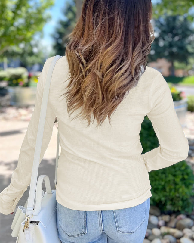 Beige Thermal Knit Lace Ruched Patchwork Long Sleeve V Neck Top