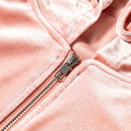 Peach Blossom Velvet Zip-up Hoodie and Wide Leg Pants Set