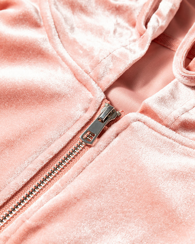 Peach Blossom Velvet Zip-up Hoodie and Wide Leg Pants Set