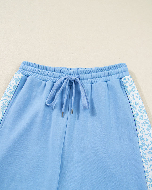 Beau Blue Floral Patchwork Drop Shoulder Pullover and Sweatpants Lounge Set
