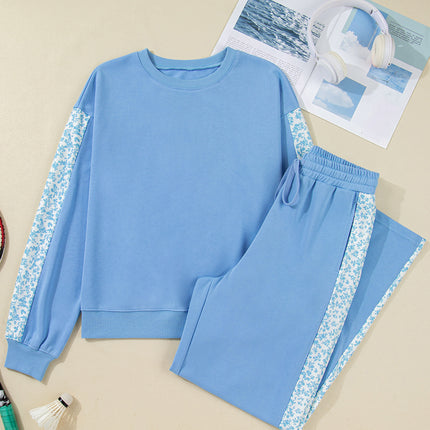 Beau Blue Floral Patchwork Drop Shoulder Pullover and Sweatpants Lounge Set
