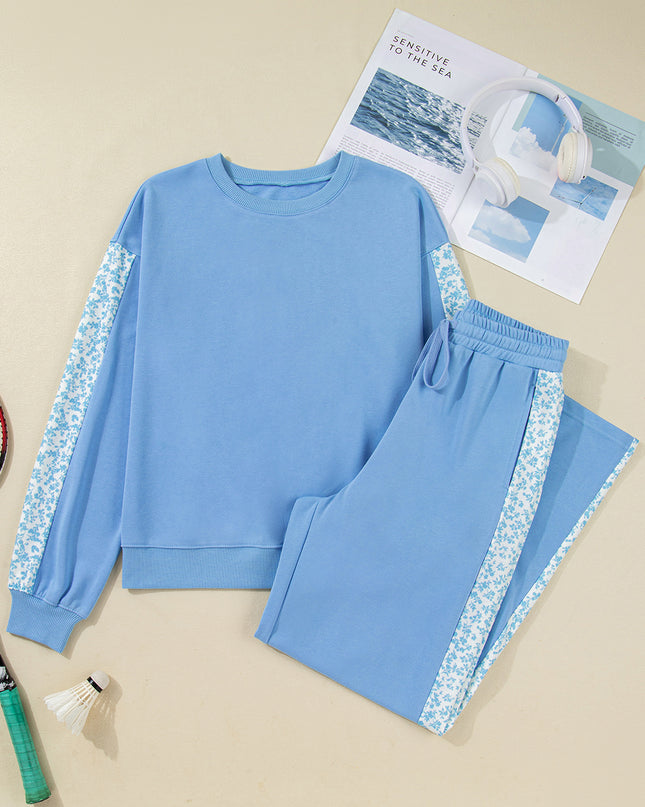 Beau Blue Floral Patchwork Drop Shoulder Pullover and Sweatpants Lounge Set