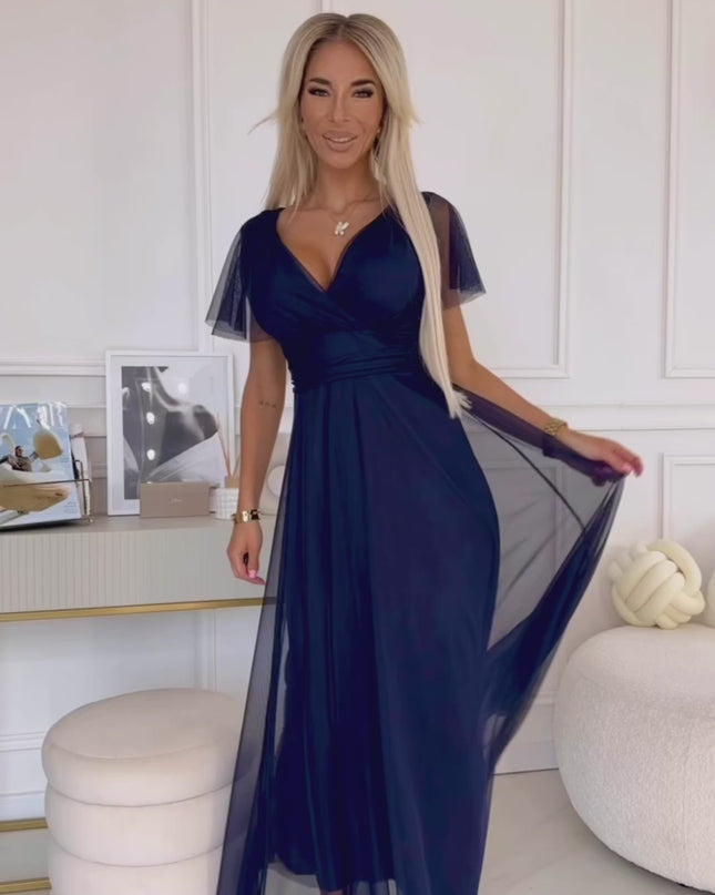 562-1 NASTIA Long dress with neckline and short sleeves - navy blue
