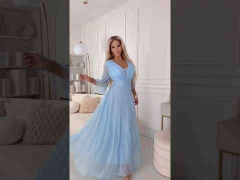 654-3 Long Shimmering Plus Size Dress with Neckline and Transparent Sleeve - Light Blue
