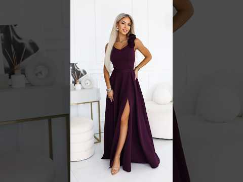 Ripe Plum Maxi Evening Gown with Slit and Roses