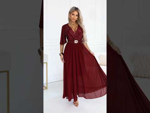 Burgundy Maxi Dress with Sequin Top and Belt – Elvia