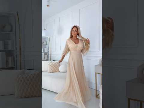654-2 Long, shimmering plus-size dress with a scoop neckline and sheer sleeves - champagne beige
