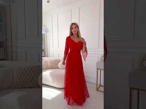 655-5 Long Light-Catching Shimmering Gown with Neckline and Sheer Sleeve - Red