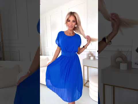 465-6 MIA Pleated Chiffon Midi Dress with Wide Belt - Cornflower Blue