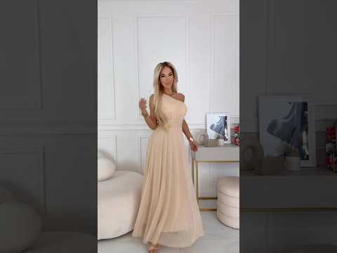 656-2 Long, sparkling, one-shoulder evening dress - champagne beige