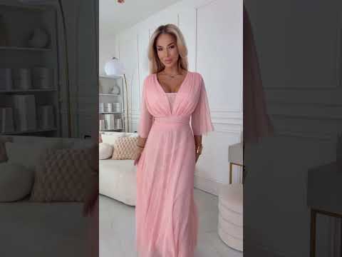 654-4 Long Shimmering Plus Size Dress with Neckline and Transparent Sleeve - Peach