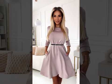 Beige Trapeze Dress with Black Belt – Classic