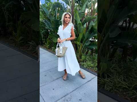 White Pleated Midi Dress with Ruffles