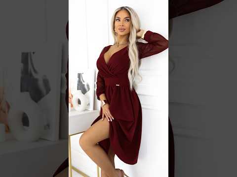 Burgundy Midi Dress with Wrap Neckline and Tulle Sleeves