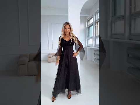655-1 Long, shimmering dress with a neckline and transparent sleeves - black
