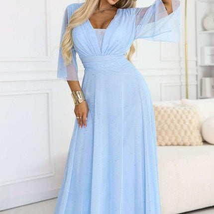 Light Blue Dress with Transparent Sleeves and Neckline