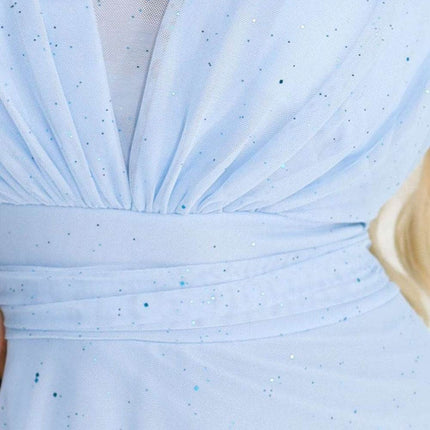 Light Blue Dress with Transparent Sleeves and Neckline