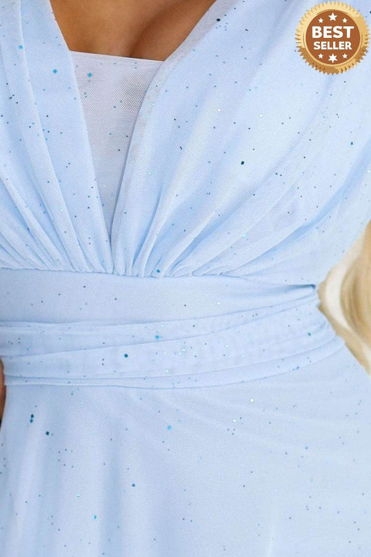 Light Blue Dress with Transparent Sleeves and Neckline