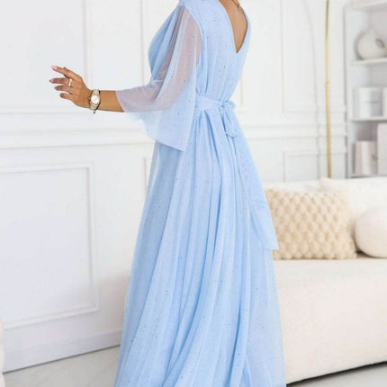 Light Blue Dress with Transparent Sleeves and Neckline
