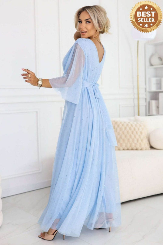 Light Blue Dress with Transparent Sleeves and Neckline