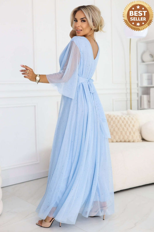 654-3 Long Shimmering Plus Size Dress with Neckline and Transparent Sleeve - Light Blue