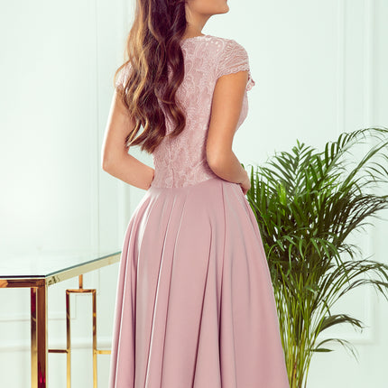 300-1 PATRICIA - dress with longer back with lace neckline - powder pink